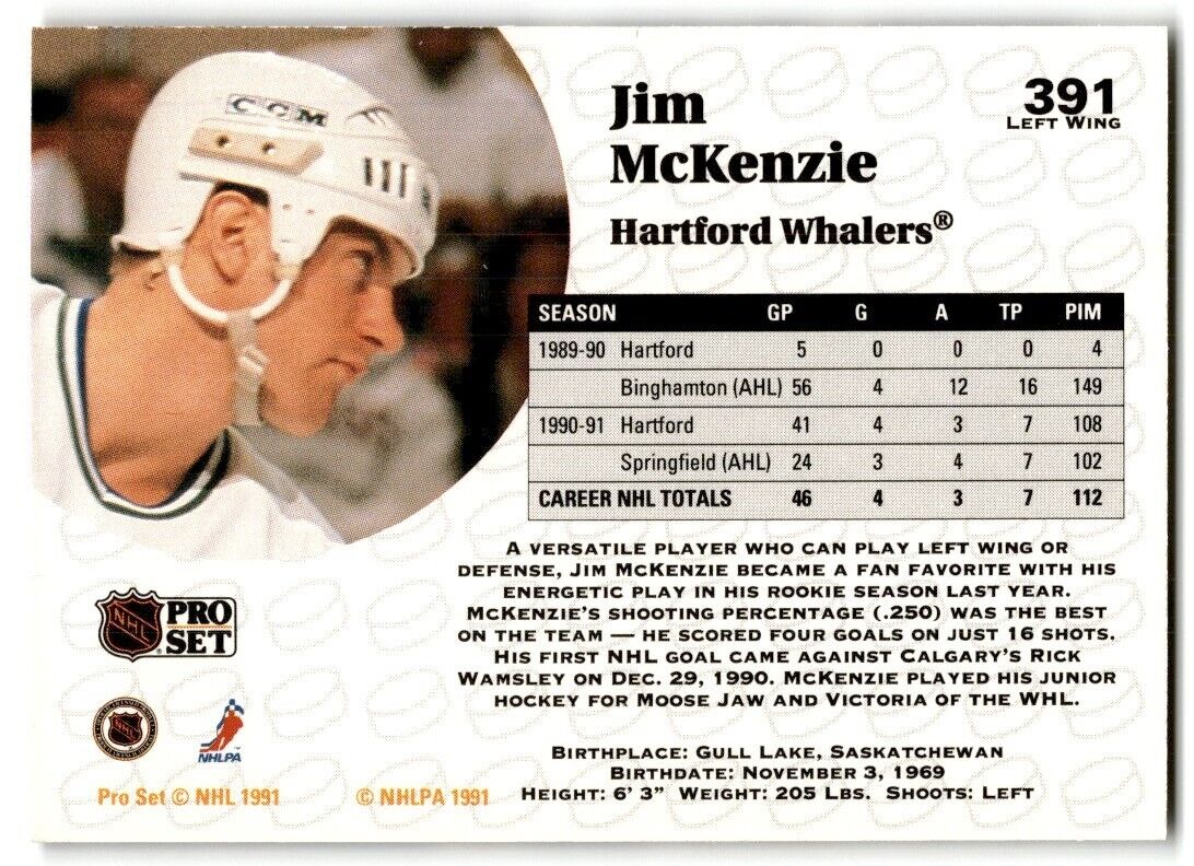 1991-92 Pro Set Jim McKenzie Rookie Hartford Whalers #391