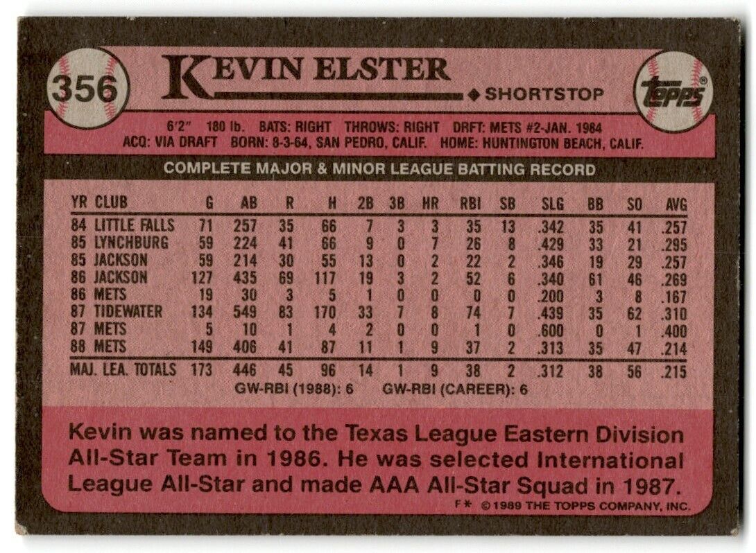 1989 Topps Kevin Elster New York Mets #356