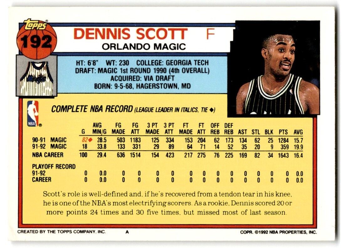 1992-93 Topps Dennis Scott Orlando Magic #192