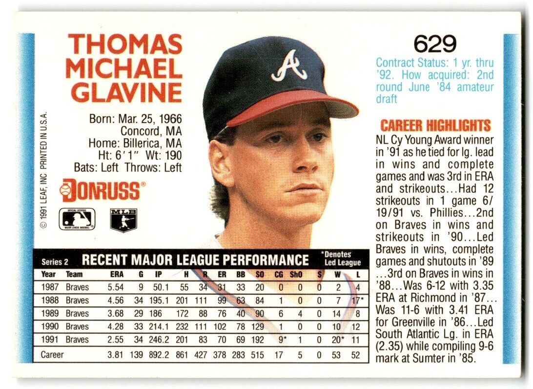 1992 Donruss Tom Glavine Atlanta Braves #629