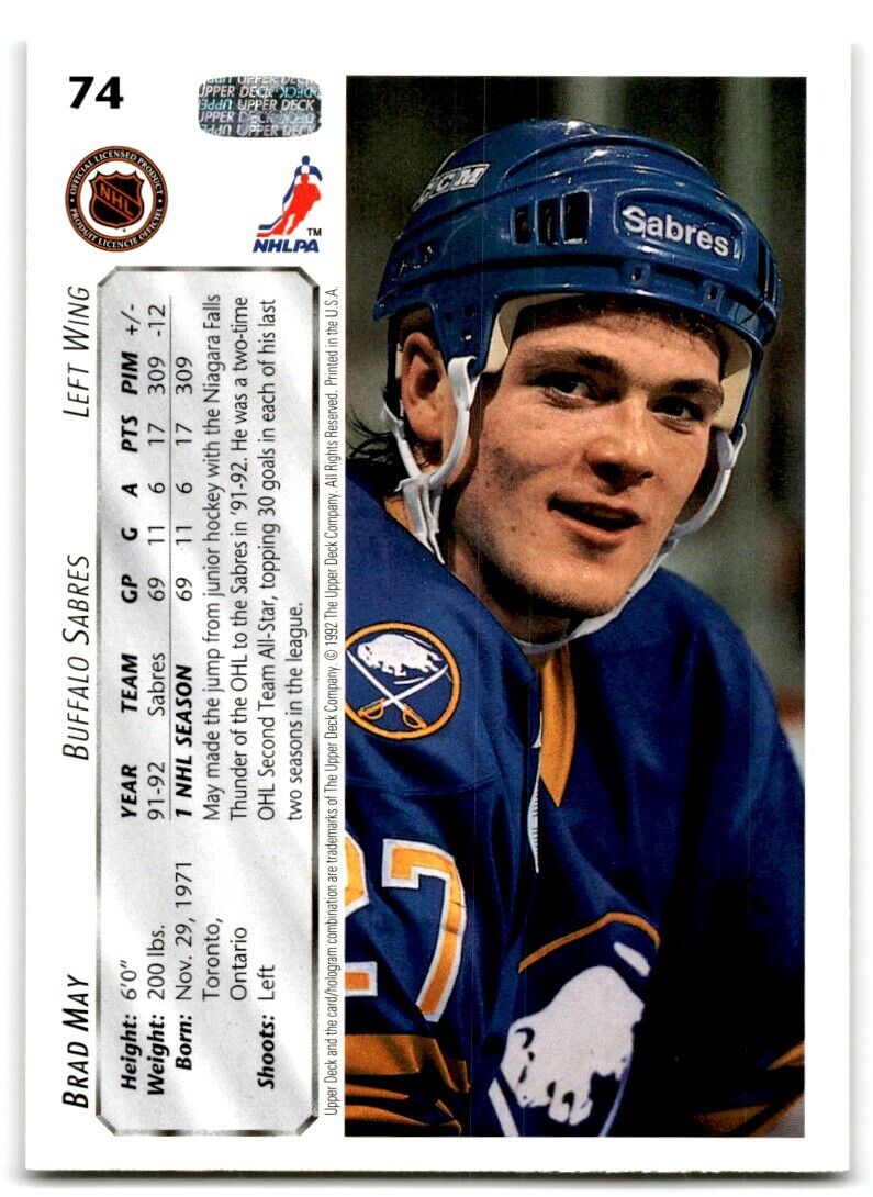 1992-93 Upper Deck Brad May Buffalo Sabres #74