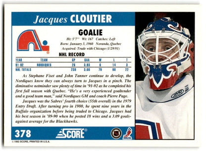 1992-93 Score Jacques Cloutier Quebec Nordiques #378