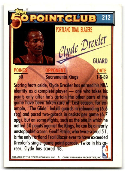 1992-93 Topps 50 points club Clyde Drexler Portland Trail Blazers #212