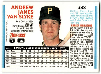 1992 Donruss Andy Van Slyke Pittsburgh Pirates #383