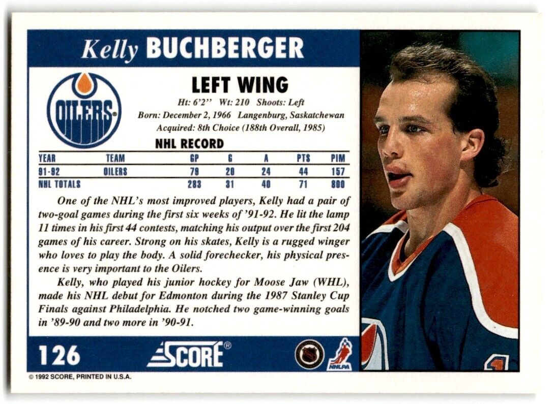 1992-93 Score Kelly Buchberger Edmonton Oilers #126