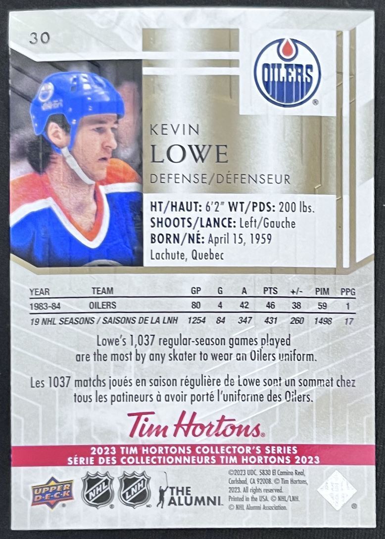 2023-24 Upper Deck Tim Hortons Legends Tim Horton Kevin Lowe Edmonton Oilers #30