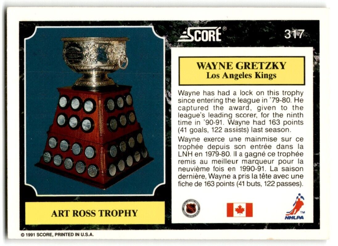 1991-92 Score Canadian Wayne Gretzky (Art Ross Trophy) Los Angeles Kings #317