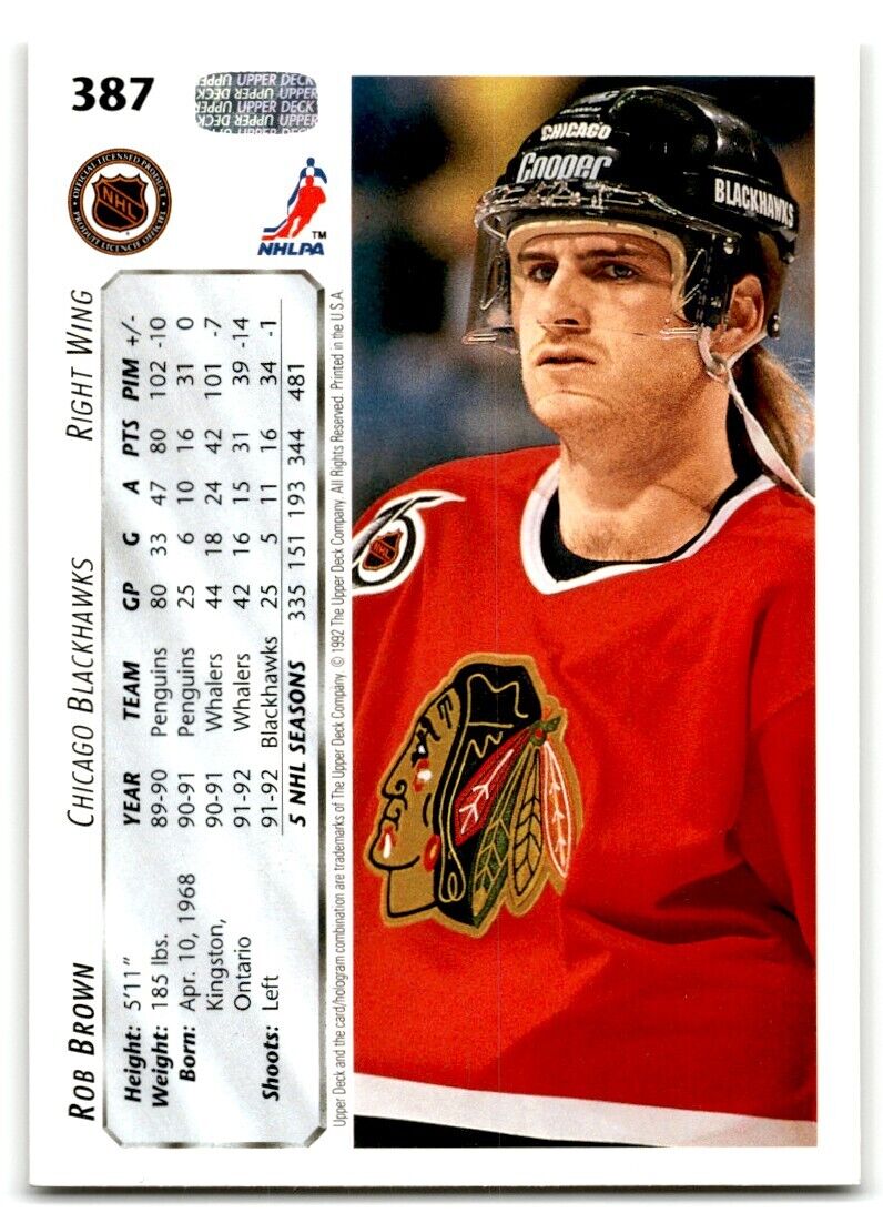 1992-93 Upper Deck Rob Brown Chicago Blackhawks #387