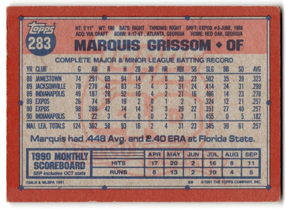 1991 Topps Marquis Grissom Montreal Expos #283