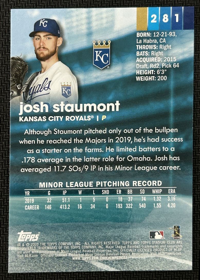 2020 Topps Stadium Club Josh Staumont Rookie Kansas City Royals #281