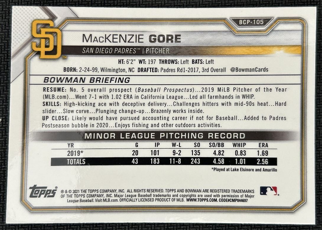 2021 Bowman Chrome Prospects Atomic Refractor Mojo MacKenzie Gore San Diego