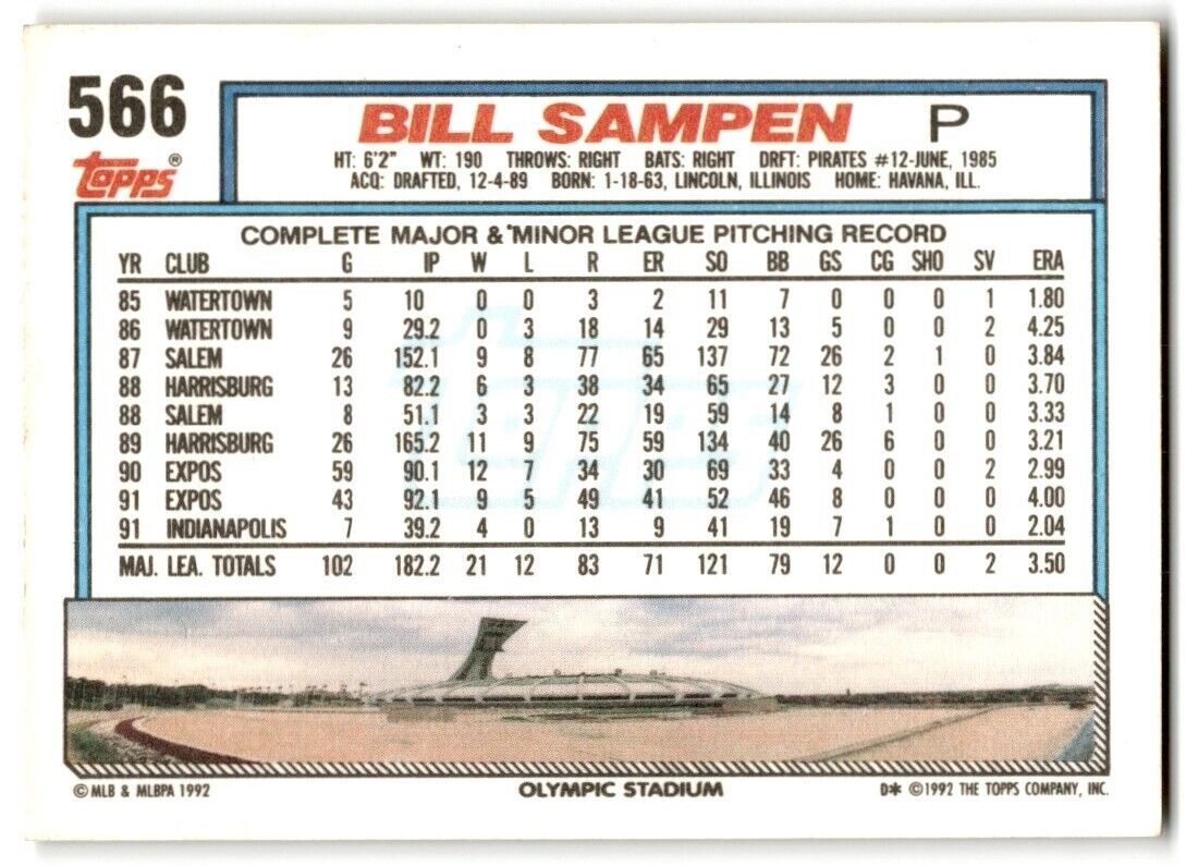 1992 Topps Bill Sampen Montreal Expos #566