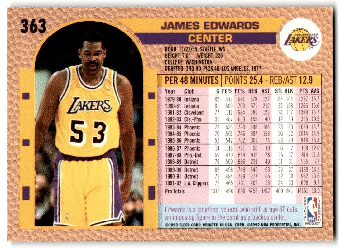 1992-93 Fleer James Edwards Los Angeles Lakers #363