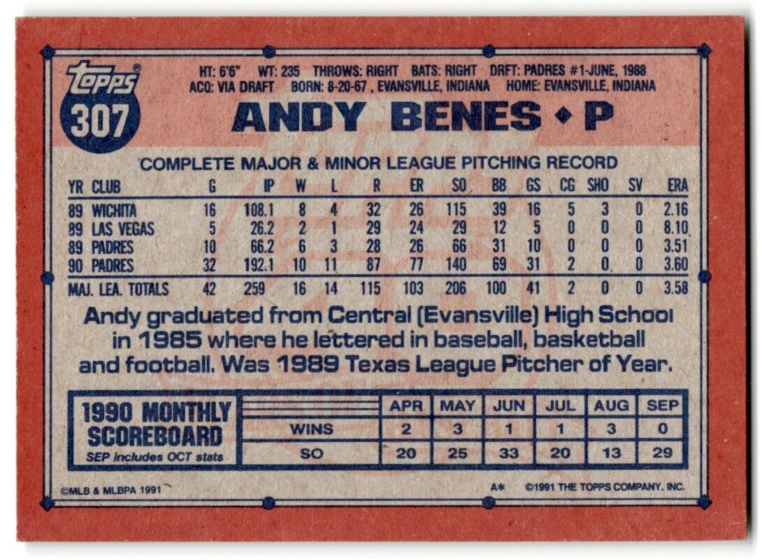 1991 Topps Andy Benes San Diego Padres #307