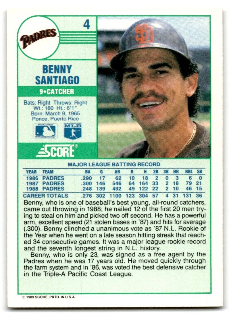 1989 Score Benny Santiago San Diego Padres #4