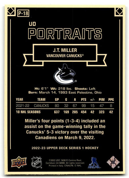 2022-23 Upper Deck UD Portraits J.T. Miller Vancouver Canucks #P-18