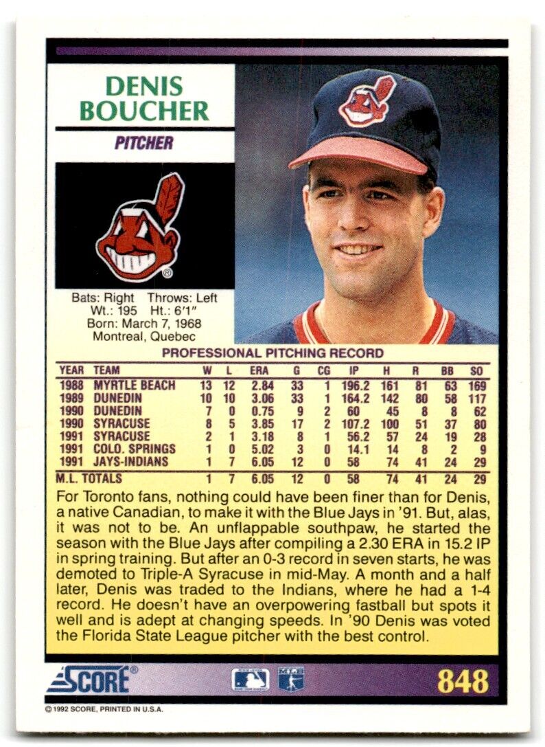 1992 Score Denis Boucher Cleveland Indians #848