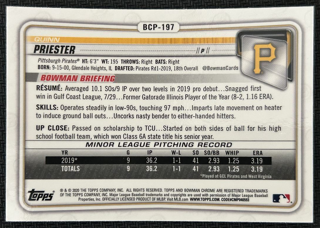 2020 Bowman Chrome Prospects Quinn Priester Pittsburgh Pirates #BCP-197