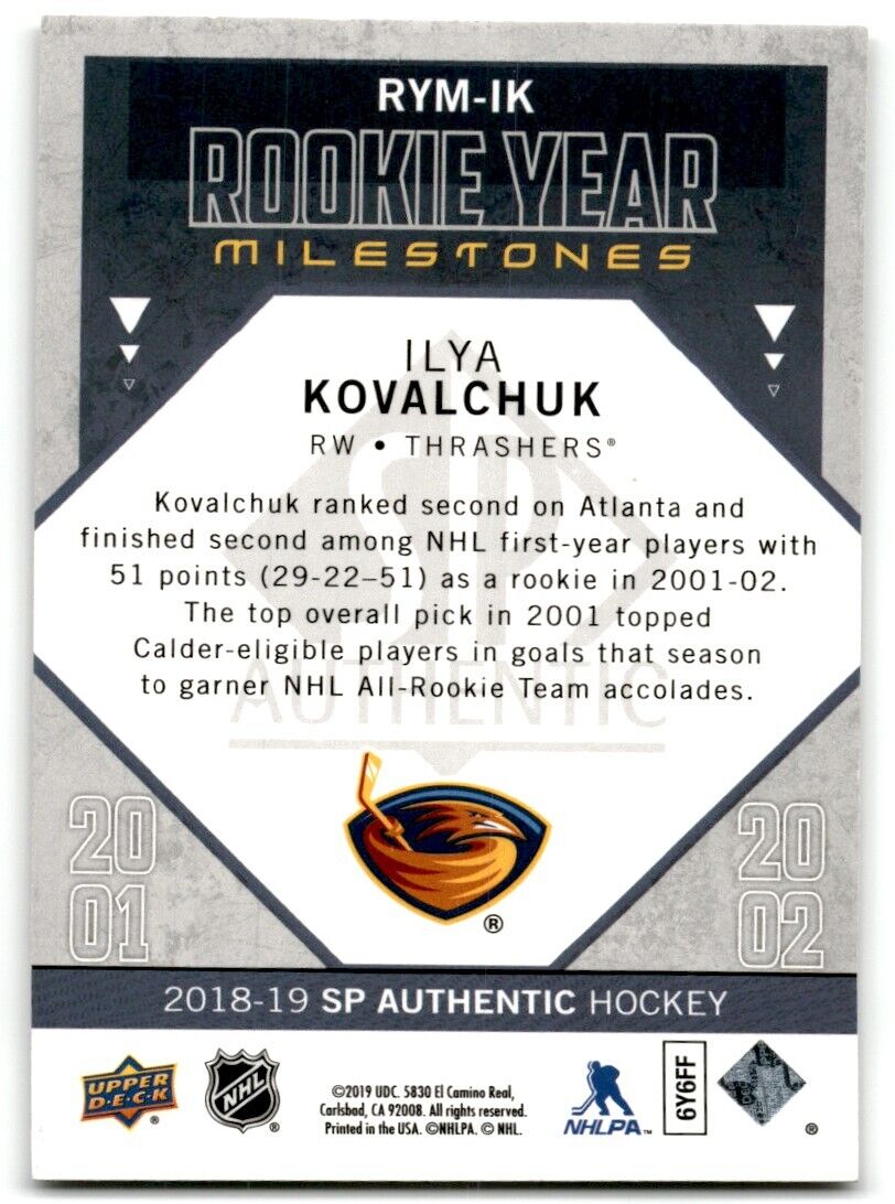 2018-19 SP Authentic Rookie Year Milestones Ilya Kovalchuk Atlanta Thrashers