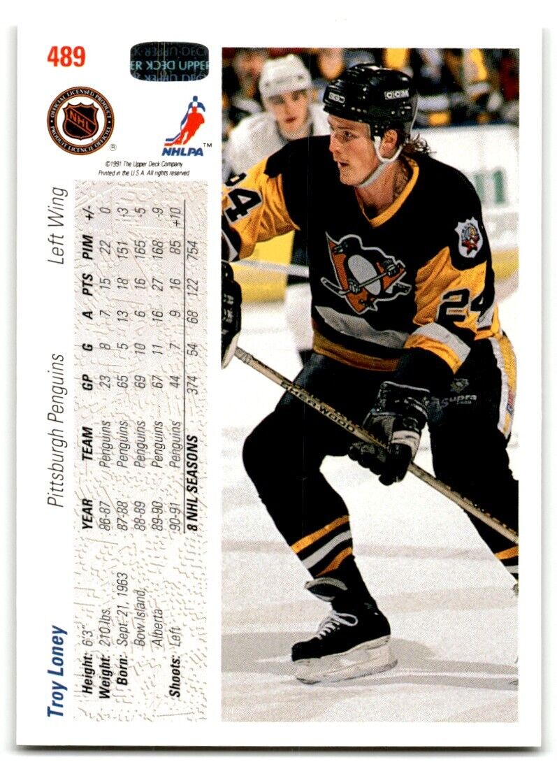 1991-92 Upper Deck Troy Loney Pittsburgh Penguins #489