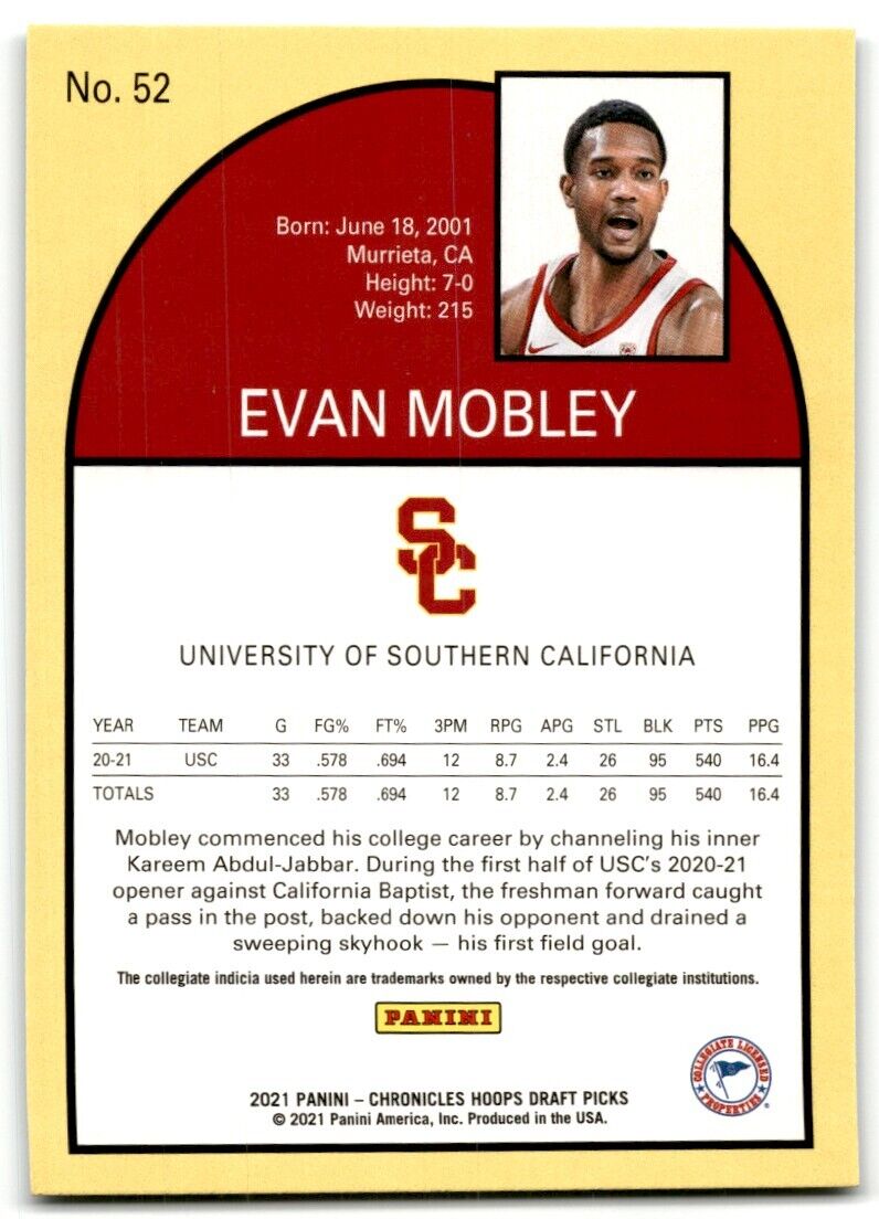 2021-22 Panini Chronicles Draft Picks Evan Mobley USC Trojans #52