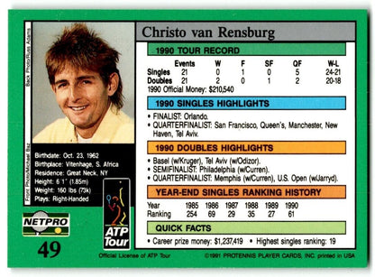 1991 Protennis player Cards Netpro Tour Star Chisto van Rensburg #49