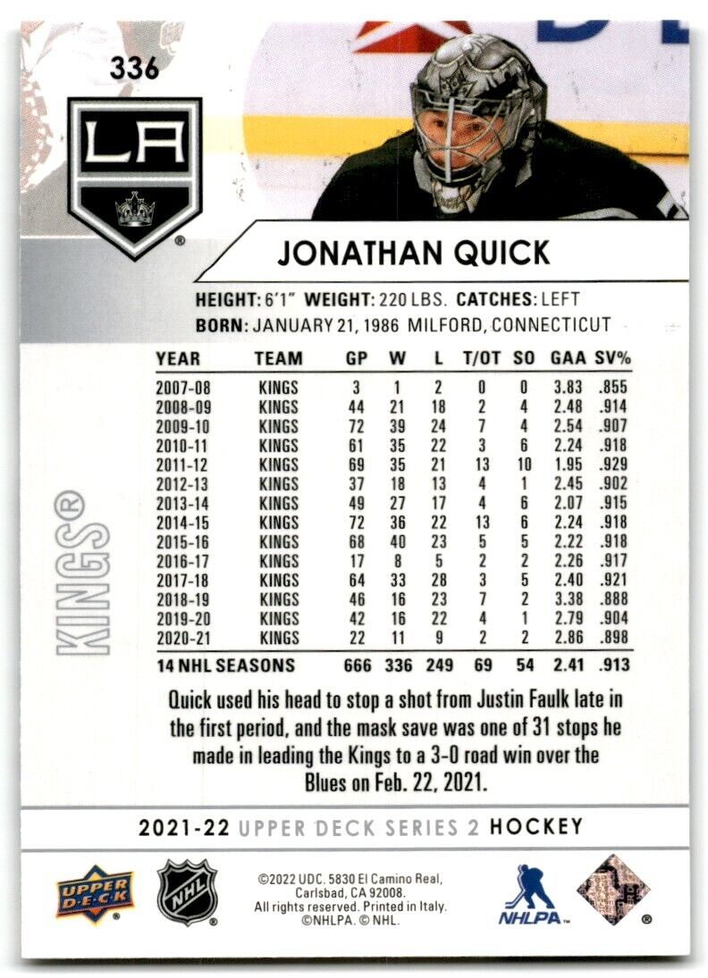 2021-22 Upper Deck Jonathan Quick Los Angeles Kings #336