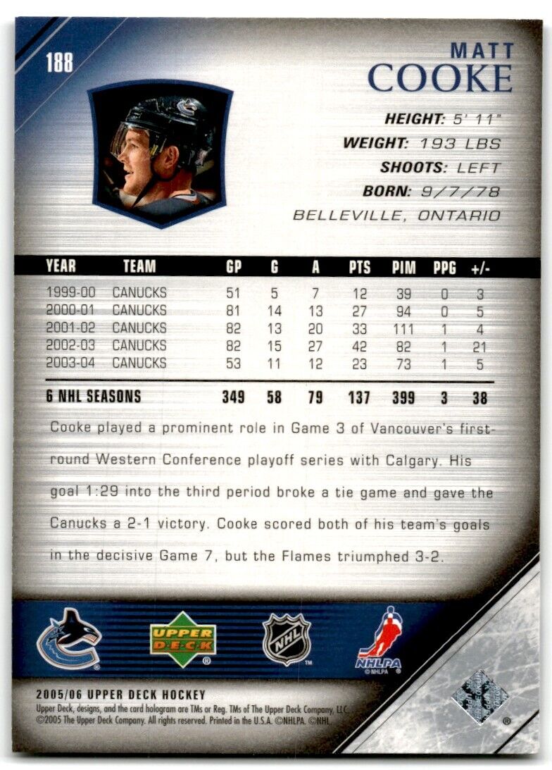 2005-06 Upper Deck Matt Cooke Vancouver Canucks #188