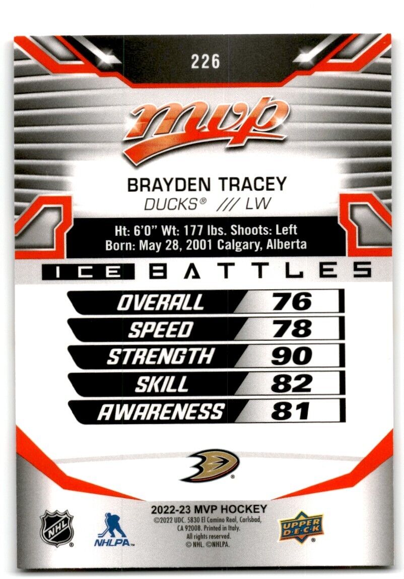 2022-23 Upper Deck MVP Ice Battles Brayden Tracey Rookie Anaheim Ducks #226