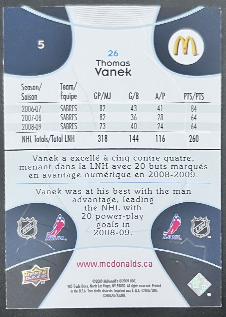 2009-10 Upper Deck McDonald's Thomas Vanek Buffalo Sabres #5