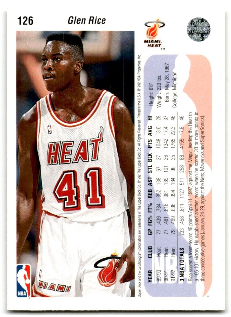 1992-93 Upper Deck Glen Rice Miami Heat #126