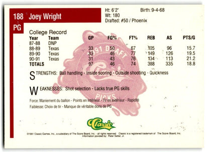 1991-92 Classic Joey Wright Rookie Texas Longhorns #188