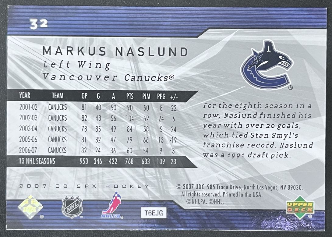 2007-08 SPx Markus Naslund Vancouver Canucks #32