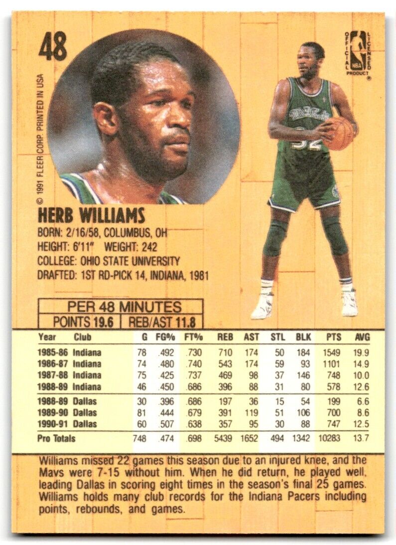 1991-92 Fleer Herb Williams Dallas Mavericks #48