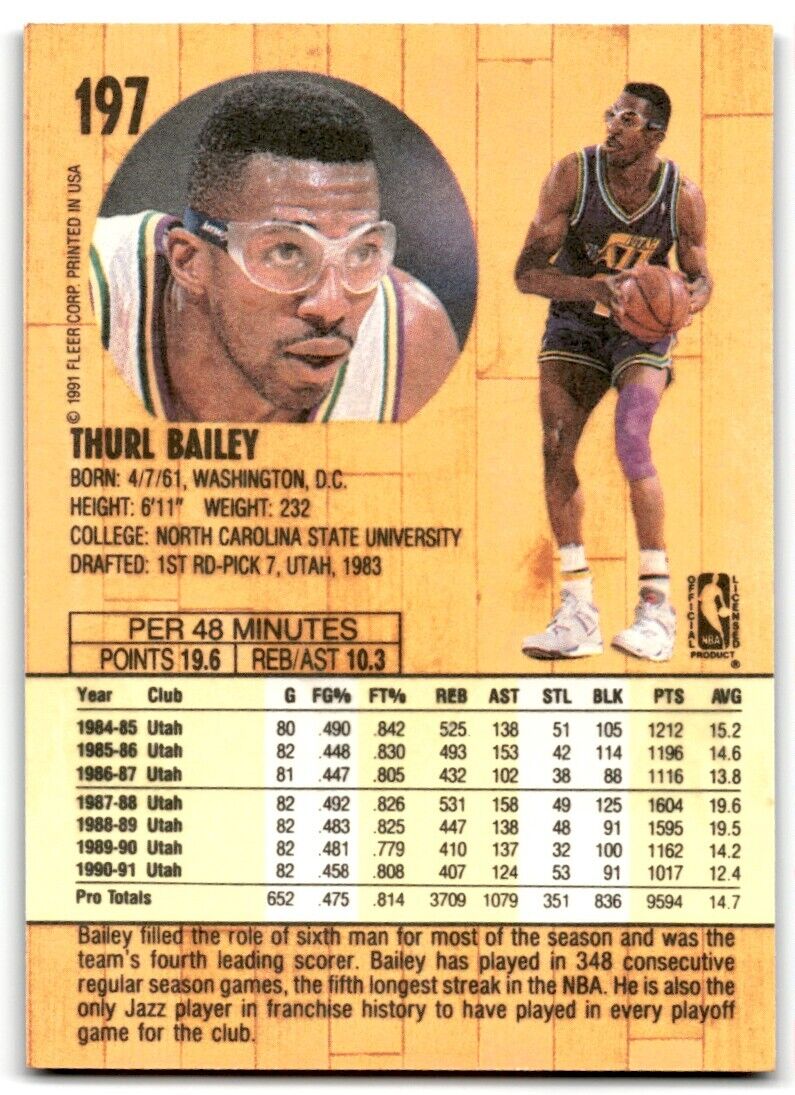 1991-92 Fleer Thurl Bailey Utah Jazz #197