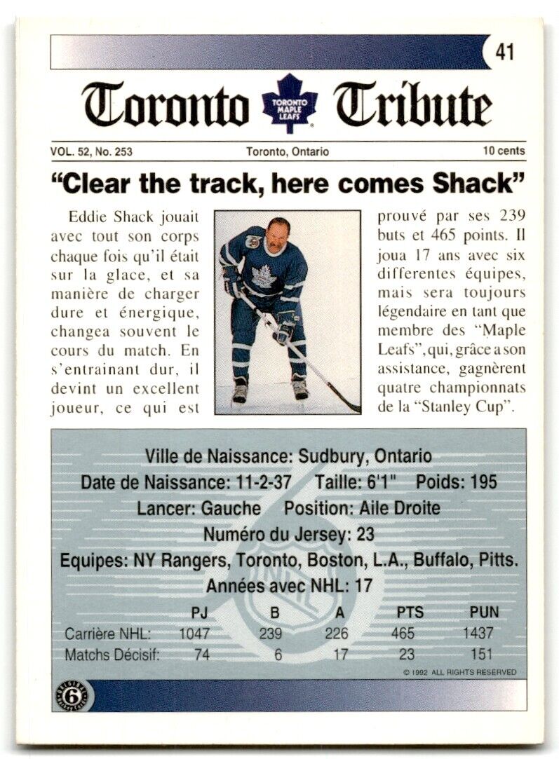 1991-92 Ultimate Original 6 Ed Shack Toronto Maple Leafs #41