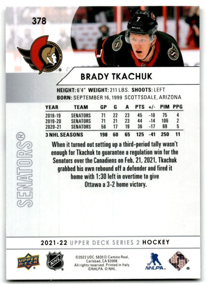 2021-22 Upper Deck Brady Tkachuk Ottawa Senators #378