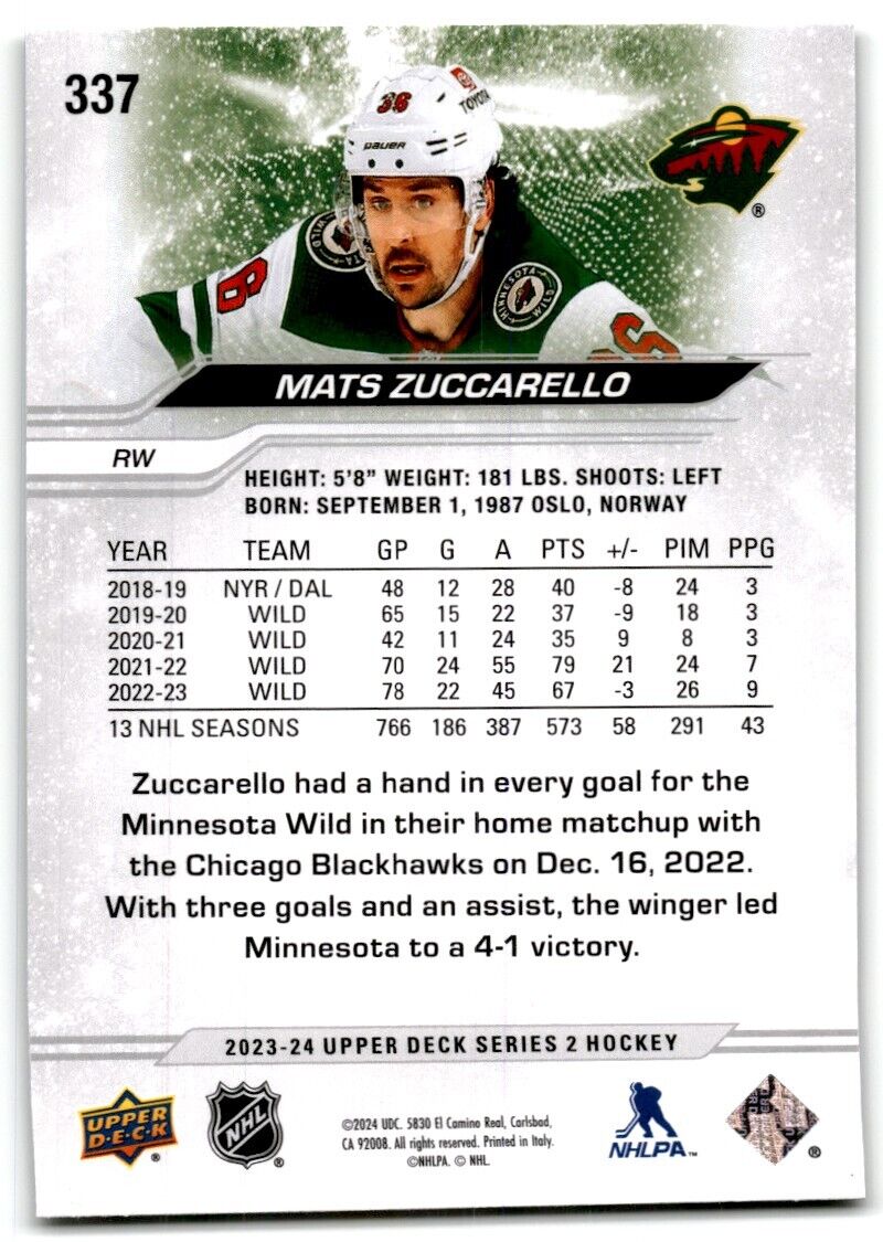 2023-24 Upper Deck Mats Zuccarello Minnesota Wild #337