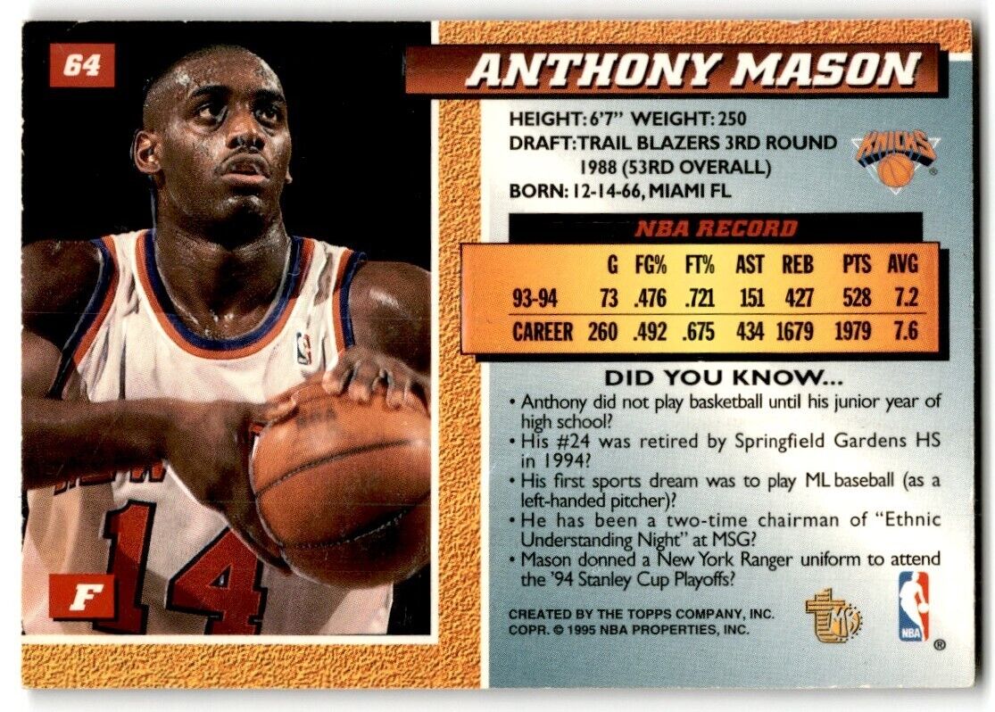 1994-95 Topps Embossed Anthony Mason New York Knicks #64