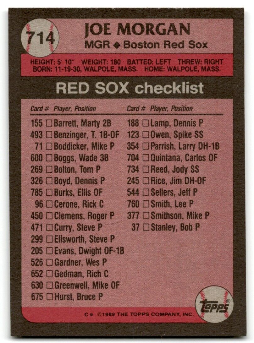 1989 Topps Joe Morgan Boston Red Sox #714