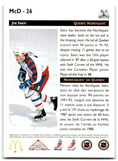 1992-93 Upper Deck McDonald's All-Stars Joe Sakic Quebec Nordiques #MCD-26