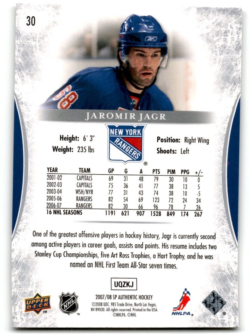 2007-08 SP Authentic Jaromir Jagr New York Rangers #30