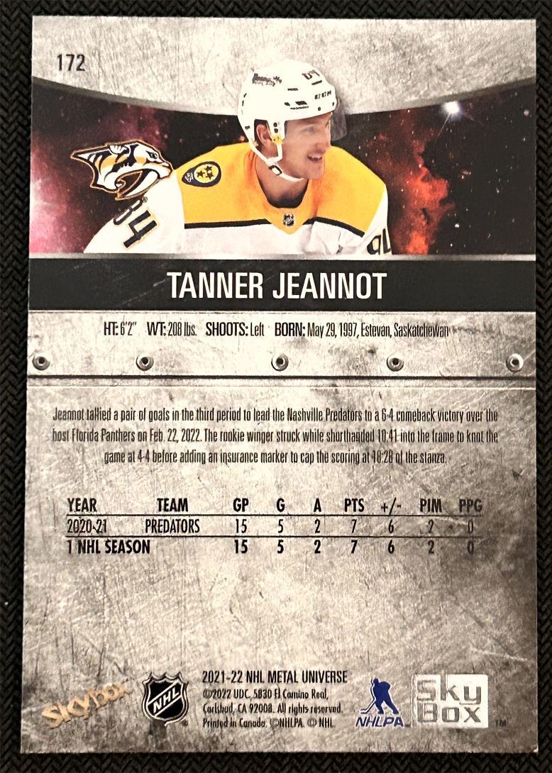 2021-22 Skybox Metal Universe Tanner Jeannot Rookie Nashville Predators #172