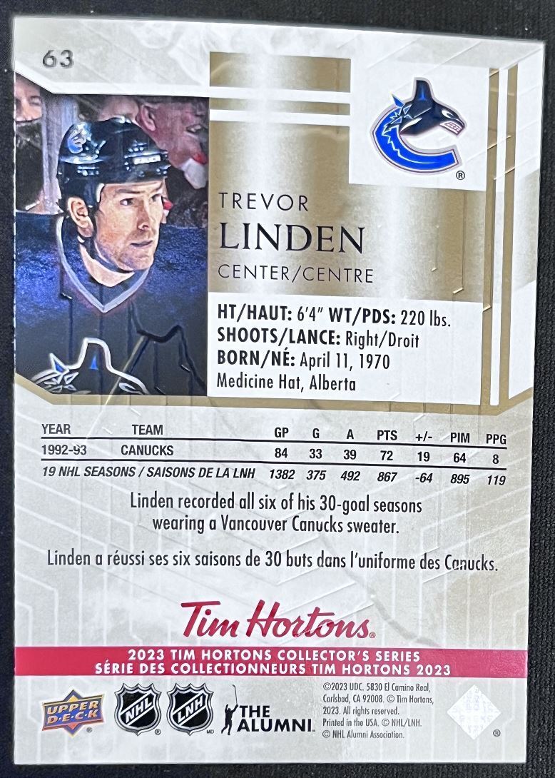 2023-24 Upper Deck Tim Hortons Legends Tim Horton Trevor Linden Vancouver