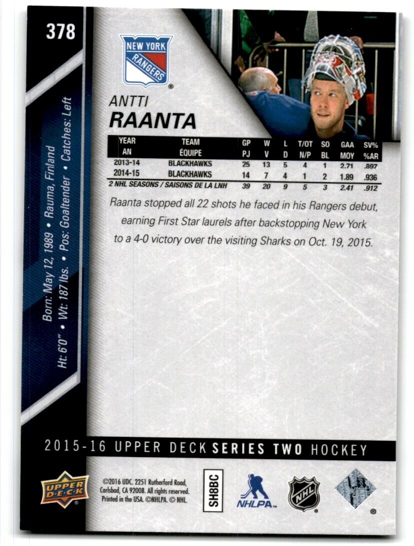 2015-16 Upper Deck Antti Raanta New York Rangers #378