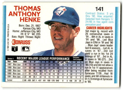 1992 Donruss Tom Henke Toronto Blue Jays #141