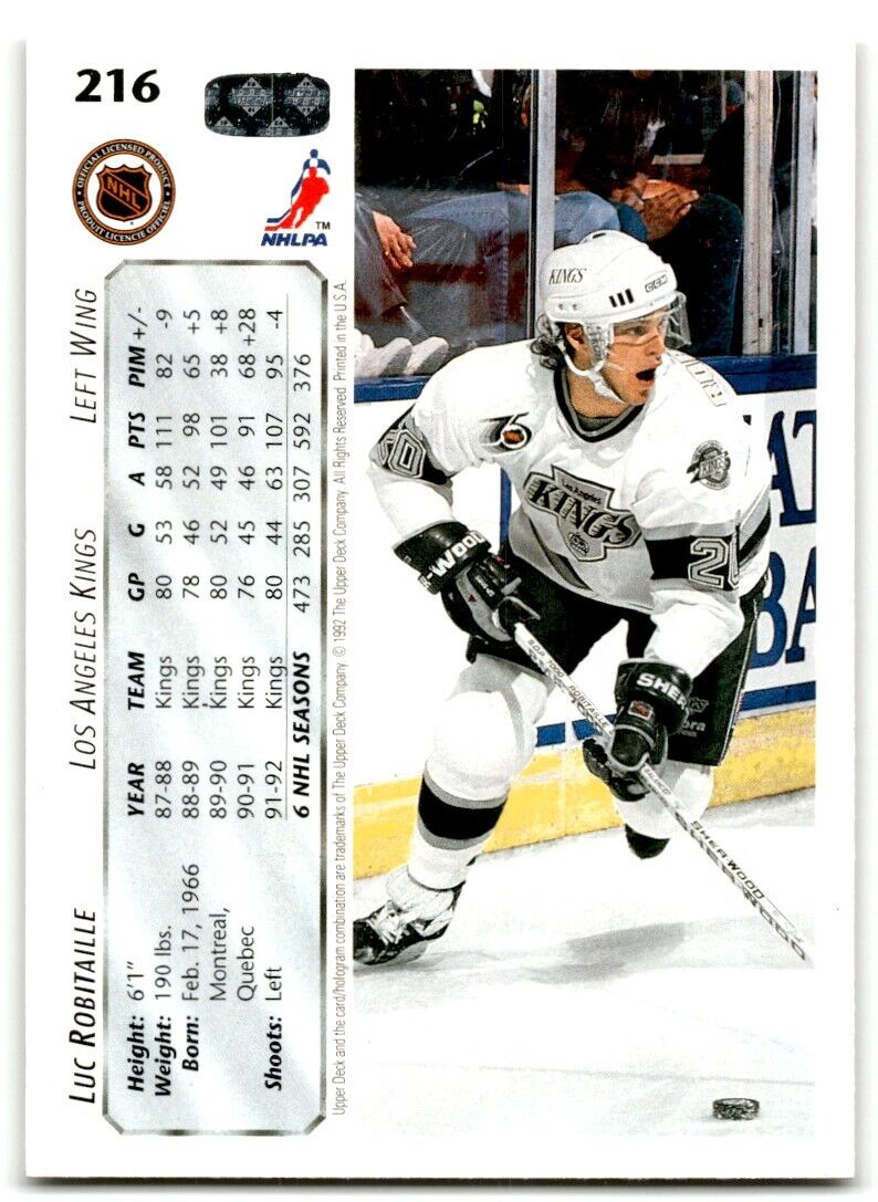 1992-93 Upper Deck Luc Robitaille Los Angeles Kings #216