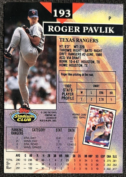 1993 Topps Stadium Club Roger Pavlik Texas Rangers #193