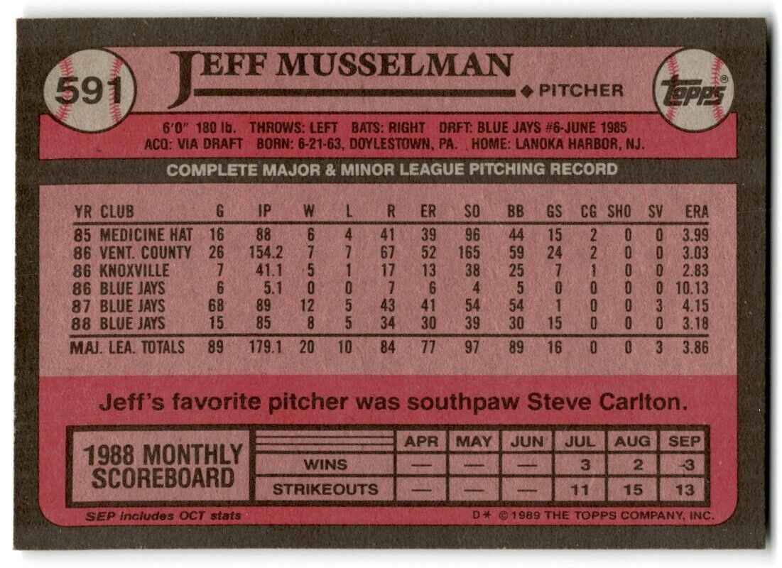 1989 Topps Jeff Musselman Toronto Blue Jays #591