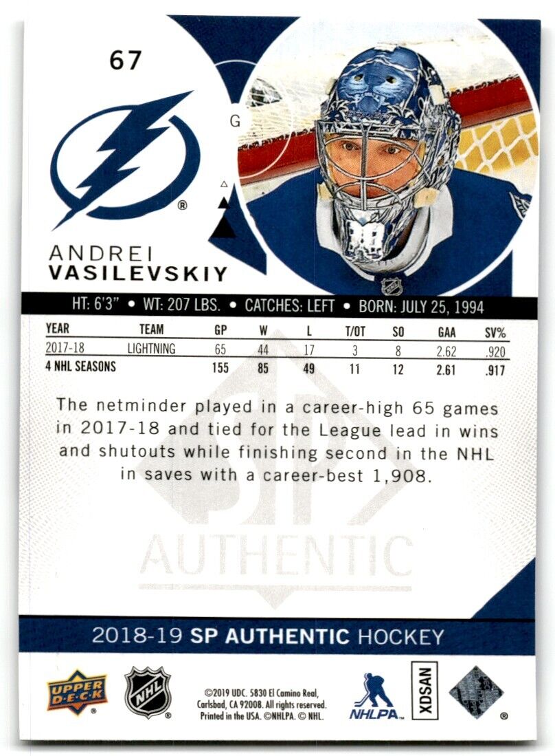 2018-19 SP Authentic Andrei Vasilevskiy Tampa Bay Lightning #67